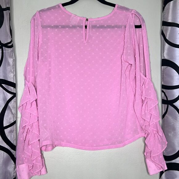 A New Day Pink Swiss Dot Blouse Cold Shoulder Ruffles Long Sleeve XS New - Picture 7 of 10